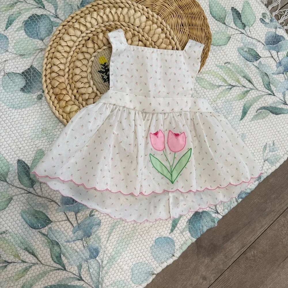 Vintage Baby Girl Delicate White Pink Tulip Floral Jumper Dress Size 9 Months